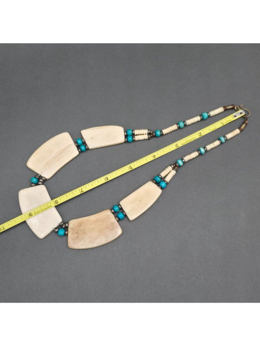 Vintage Southwestern Carved Bovine Bone Bib Statement Necklace 18" Blue Accents - Picture 10 of 13